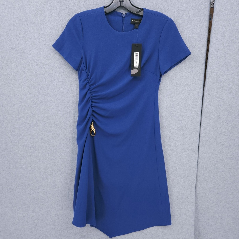 Donna Karan New York Side Ruched Hardware Trim Blue Dress Womens Size 0P NWT